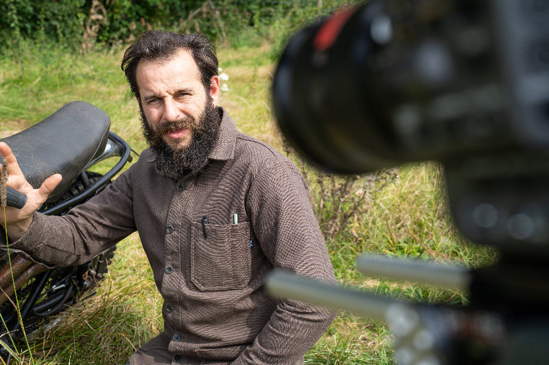 Domininc Chinea wearing the Audio-Trix Microphone Pen Mount on the set of The Repair Shop (BBC one)